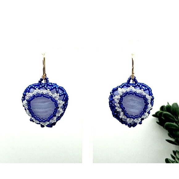 Handcrafted Blue Lace Agate & Beaded Dangle Earrings With Intricate White & Blue - Picture 3 of 5